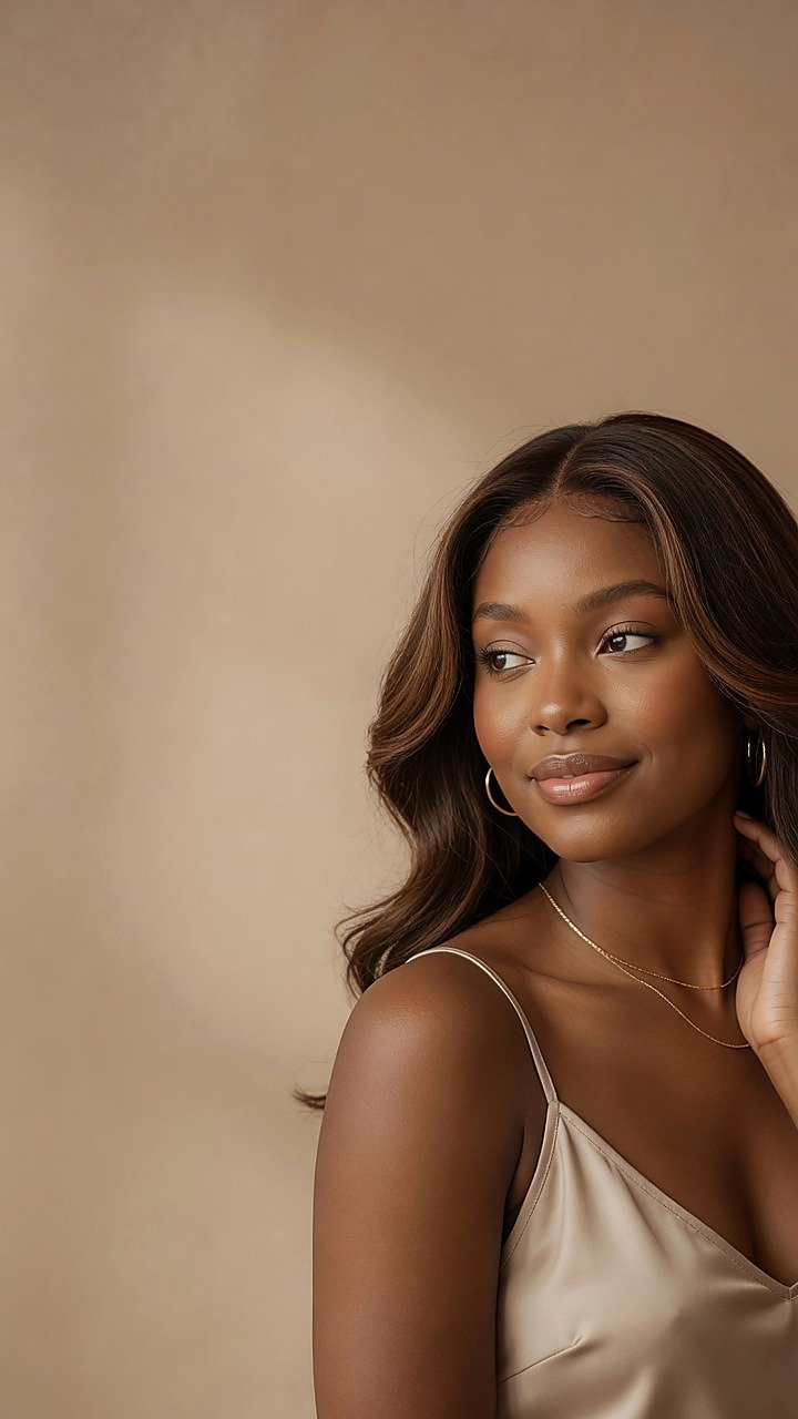 Model met glueless lace wig in een warme editorial setting